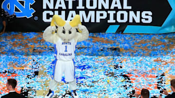 GLENDALE, AZ - APRIL 03: The North Carolina Tar Heels mascot celebrates in the confetti after defeatin ghte Gonzaga Bulldogs during the 2017 NCAA Men's Final Four National Championship game at University of Phoenix Stadium on April 3, 2017 in Glendale, Arizona. The Tar Heels defeated the Bulldogs 71-65. (Photo by Christian Petersen/Getty Images)