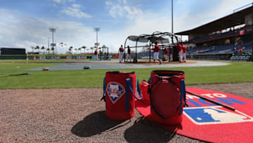 Mar 12, 2016; Clearwater, FL, USA; A general view of the Philadelphia Phillies during batting practice prior to their game against the Toronto Blue Jays at Bright House Field. Mandatory Credit: Kim Klement-USA TODAY Sports