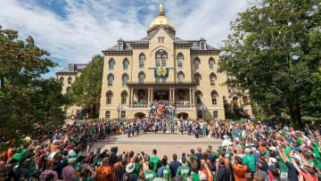 Sep 5, 2015; South Bend, IN, USA; The Notre Dame Bagpipe Band performs in front of the Administration Building before the game between the Notre Dame Fighting Irish and the Texas Longhorns at Notre Dame Stadium. Mandatory Credit: Matt Cashore-USA TODAY Sports