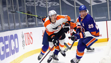 UNIONDALE, NEW YORK - APRIL 03: Travis Konecny #11 of the Philadelphia Flyers skates against the New York islanders at the Nassau Coliseum on April 03, 2021 in Uniondale, New York. (Photo by Bruce Bennett/Getty Images)