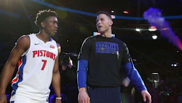 DETROIT, MI - FEBRUARY 1: Blake Griffin #32 of the Detroit Pistons is introduced along with teammate Stanley Johnson #7 prior to the start of the game against the Memphis Grizzlies at Little Caesars Arena on February 1, 2018 in Detroit, Michigan. NOTE TO USER: User expressly acknowledges and agrees that, by downloading and or using this photograph, User is consenting to the terms and conditions of the Getty Images License Agreement (Photo by Leon Halip/Getty Images)