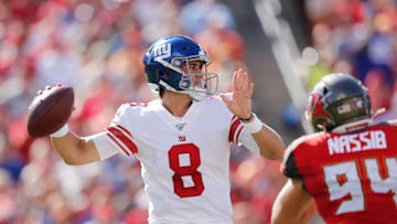TAMPA, FLORIDA - SEPTEMBER 22: Daniel Jones #8 of the New York Giants throws a pass against the Tampa Bay Buccaneers during the first quarter at Raymond James Stadium on September 22, 2019 in Tampa, Florida. (Photo by Michael Reaves/Getty Images)