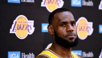 EL SEGUNDO, CA - SEPTEMBER 24: LeBron James of the Los Angeles Lakers reacts as he speaks to the media during the Los Angeles Lakers Media Day at the UCLA Health Training Center on September 24, 2018 in El Segundo, California. (Photo by Harry How/Getty Images)