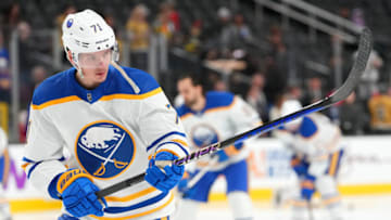 Dec 19, 2022; Las Vegas, Nevada, USA; Buffalo Sabres left wing Victor Olofsson (71) warms up before a game against the Vegas Golden Knights at T-Mobile Arena. Mandatory Credit: Stephen R. Sylvanie-USA TODAY Sports