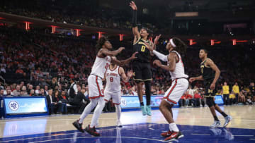 Nov 13, 2023; New York, New York, USA; Michigan Wolverines guard Dug McDaniel (0) shoots the ball in the first half against the St. John's Red Storm at Madison Square Garden. Mandatory Credit: Wendell Cruz-USA TODAY Sports