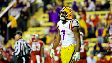 Nov 14, 2015; Baton Rouge, LA, USA; LSU Tigers running back Leonard Fournette (7) leaves the field after failing on a fourth down play against the Arkansas Razorbacks during the second half of a game at Tiger Stadium. Arkansas defeated LSU 31-14. Mandatory Credit: Derick E. Hingle-USA TODAY Sports