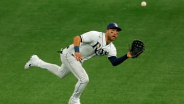 ST PETERSBURG, FLORIDA - AUGUST 24: Kevin Kiermaier of the Tampa Bay Rays dives for a catch in the during a game against the Toronto Blue Jays on August 24, 2020 in St Petersburg, Florida. (Photo by Mike Ehrmann/Getty Images)