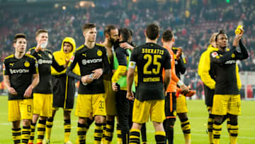 COLOGNE, GERMANY - FEBRUARY 02: The team of Borussia Dortmund celebrate the win after the final whistle during the Bundesliga match between 1. FC Koeln and Borussia Dortmund at the RheinEnergieStadion on February 02, 2018 in Cologne, Germany. (Photo by Alexandre Simoes/Borussia Dortmund/Getty Images)