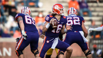 Nov 28, 2020; Clemson, SC, USA; Clemson quarterback Trevor Lawrence (16) looks to make a pass during their game against Pittsburgh at Memorial Stadium. Mandatory Credit: Ken Ruinard-USA TODAY Sports