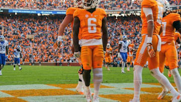 Nov 12, 2016; Knoxville, TN, USA; Tennessee Volunteers running back Alvin Kamara (6) reacts after scoring a touchdown against the Kentucky Wildcats during the fourth quarter at Neyland Stadium. Tennessee won 49 to 36. Mandatory Credit: Randy Sartin-USA TODAY Sports