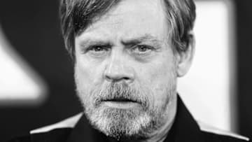 LONDON, ENGLAND - DECEMBER 13: (EDITORS NOTE: Image has been converted to black and white.) Mark Hamill attends the 'Star Wars: The Last Jedi' photocall at Corinthia Hotel London on December 13, 2017 in London, England. (Photo by Dave J Hogan/Dave J Hogan/Getty Images)