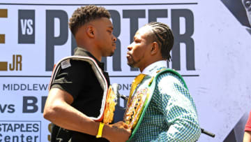 LOS ANGELES, CA - AUGUST 13: (L-R) Errol Spence Jr. and Shawn Porter face off during a press conference at STAPLES Center Star Plaza to preview their upcoming Welterweight World Championship fight on August 13, 2019 in Los Angeles, California. (Photo by Jayne Kamin-Oncea/Getty Images)
