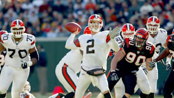CINCINNATI - DECEMBER 28: Tim Couch #2 of the Cleveland Browns throws the ball against the Cincinnati Bengals on December 28, 2003 at Paul Brown Stadium in Cincinnati, Ohio. The Browns won 22-14. (Photo by Andy Lyons/Getty Images)