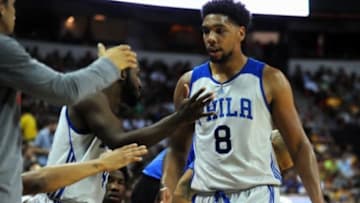 Jul 11, 2015; Las Vegas, NV, USA; Philadelphia 76ers center Jahlil Okafor (8) is congratulated by teammates on the bench during an NBA Summer League game against the Los Angeles Lakers at Thomas & Mack Center. Mandatory Credit: Stephen R. Sylvanie-USA TODAY Sports