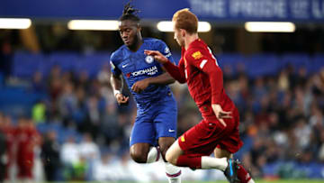 LONDON, ENGLAND - AUGUST 19: Michy Batshuayi of Chelsea is tackled during the Premier League 2 match between Chelsea and Liverpool at Stamford Bridge on August 19, 2019 in London, England. (Photo by Alex Pantling/Getty Images)