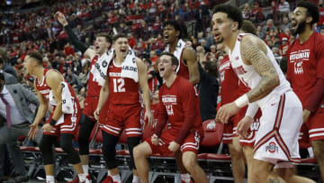 COLUMBUS, OHIO - JANUARY 03: The Wisconsin Badgers bench celebrates after a made three pointer during the second half at Value City Arena on January 03, 2020 in Columbus, Ohio. (Photo by Justin Casterline/Getty Images)