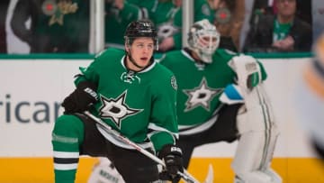 Feb 20, 2016; Dallas, TX, USA; Dallas Stars center Mattias Janmark (13) skates in warm-ups prior to the game against the Boston Bruins at the American Airlines Center. The Bruins defeat the Stars 7-3. Mandatory Credit: Jerome Miron-USA TODAY Sports