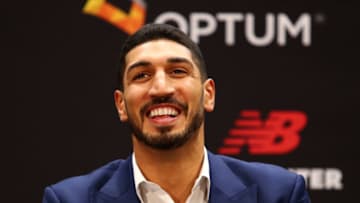BOSTON, MASSACHUSETTS - JULY 17: Enes Kanter reacts during a press conference as he is introduced as a member of the Boston Celtics at the Auerbach Center at New Balance World Headquarters on July 17, 2019 in Boston, Massachusetts. (Photo by Tim Bradbury/Getty Images)
