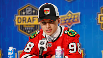 NASHVILLE, TENNESSEE - JUNE 28: Connor Bedard speaks to the media after being selected by the Chicago Blackhawks with the first overall pick during round one of the 2023 Upper Deck NHL Draft at Bridgestone Arena on June 28, 2023 in Nashville, Tennessee. (Photo by Jason Kempin/Getty Images)