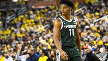 ANN ARBOR, MICHIGAN - MARCH 01: A.J. Hoggard #11 of the Michigan State Spartans looks on against the Michigan Wolverines during the first half at Crisler Arena on March 01, 2022 in Ann Arbor, Michigan. (Photo by Nic Antaya/Getty Images)