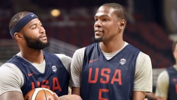 Jul 28, 2016; Chicago, IL, USA; USA guard Kevin Durant (5) practices with center DeMarcus Cousins (12) at the United Center. Mandatory Credit: David Banks-USA TODAY Sports