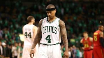 Apr 28, 2016; Boston, MA, USA; Boston Celtics guard Isaiah Thomas (4) reacts against the Atlanta Hawks during the second half in game six of the first round of the NBA Playoffs at TD Garden. Mandatory Credit: Mark L. Baer-USA TODAY Sports