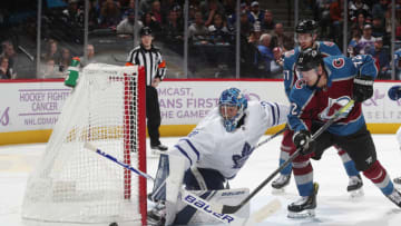 DENVER, COLORADO - NOVEMBER 23: Goaltender Frederik Andersen #31 of the Toronto Maple Leafs makes a save against Joonas Donskoi #72 of the Colorado Avalanche at Pepsi Center on November 23, 2019 in Denver, Colorado. The Maple Leafs defeated the Avalanche 5-3. (Photo by Michael Martin/NHLI via Getty Images)