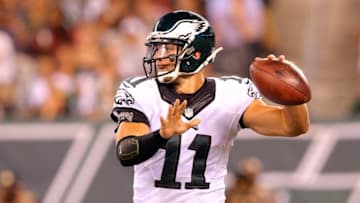 Sep 3, 2015; East Rutherford, NJ, USA; Philadelphia Eagles quarterback Tim Tebow (11) drops back to pass against the New York Jets during the second quarter of a preseason game at MetLife Stadium. Mandatory Credit: Brad Penner-USA TODAY Sports