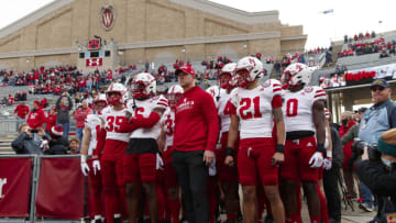 Nov 20, 2021; Madison, Wisconsin, USA; Nebraska Cornhuskers head coach Scott Frost waits with the football team before taking to the field prior to the game against the Wisconsin Badgers at Camp Randall Stadium. Mandatory Credit: Jeff Hanisch-USA TODAY Sports