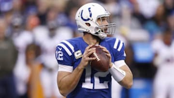 Nov 8, 2015; Indianapolis, IN, USA; Indianapolis Colts quarterback Andrew Luck (12) throws a pass against the Denver Broncos at Lucas Oil Stadium. Mandatory Credit: Brian Spurlock-USA TODAY Sports
