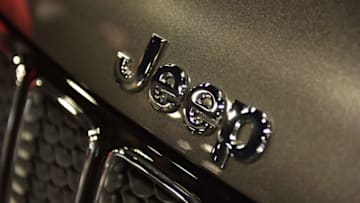 LONDON, ENGLAND - MAY 04: A Jeep bonnet badge on display at the London Motor Show at Battersea Evolution on May 4, 2017 in London, England. 41 dealerships and manufacturers will showcase over 130 new vehicles at this years show which will run from 4th to 7th May. (Photo by John Keeble/Getty Images)