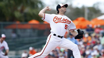 Mar 8, 2016; Sarasota, FL, USA; Baltimore Orioles starting pitcher Miguel Gonzalez (50) throws a pitch during the first inning against the Boston Red Sox at Ed Smith Stadium. Mandatory Credit: Kim Klement-USA TODAY Sports