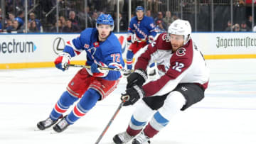 NEW YORK, NY - OCTOBER 16: Patrik Nemeth #12 of the Colorado Avalanche skates with the puck against Filip Chytil #72 of the New York Rangers at Madison Square Garden on October 16, 2018 in New York City. The New York Rangers won 3-2 in a shootout. (Photo by Jared Silber/NHLI via Getty Images)