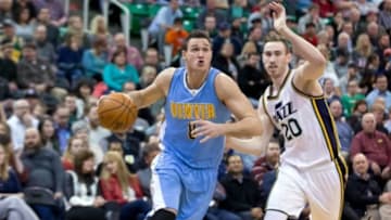 Feb 3, 2016; Salt Lake City, UT, USA; Utah Jazz forward Gordon Hayward (20) defends against Denver Nuggets forward Danilo Gallinari (8) during the second half at Vivint Smart Home Arena. The Jazz won 85-81. Mandatory Credit: Russ Isabella-USA TODAY Sports
