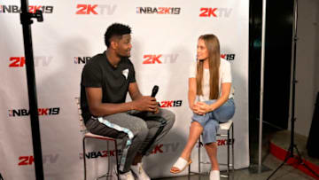 LAS VEGAS, NV - JULY 9: DeAndre Ayton of the Phoenix Suns speaks with the media during the 2018 Las Vegas Summer League on July 9, 2018 at the Thomas & Mack Center in Las Vegas, Nevada. NOTE TO USER: User expressly acknowledges and agrees that, by downloading and/or using this photograph, user is consenting to the terms and conditions of the Getty Images License Agreement. Mandatory Copyright Notice: Copyright 2018 NBAE (Photo by David Dow/NBAE via Getty Images)