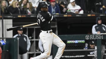 Tim Anderson (7) hits an RBI single against the Cleveland Guardians during the sixth inning at Guaranteed Rate Field. Mandatory Credit: Matt Marton-USA TODAY Sports