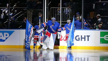 Apr 19, 2016; New York, NY, USA; New York Rangers goalie Henrik Lundqvist (30) leads the Rangers out onto the ice during the first period of game three of the first round of the 2016 Stanley Cup Playoffs at Madison Square Garden. Mandatory Credit: Brad Penner-USA TODAY Sports