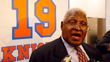 NEW YORK, NY - APRIL 05: (NEW YORK DAILIES OUT) Former New York Knick Willis Reed speaks to the media during a press conference prior to the Knicks game against the Milwaukee Bucks at Madison Square Garden on Friday, April 5 2013 in New York City. The Knicks honored their 1972-73 World Championship team during halftime of the game. The Knicks defeated the Bucks 101-83. NOTE TO USER: User expressly acknowledges and agrees that, by downloading and/or using this Photograph, user is consenting to the terms and conditions of the Getty Images License Agreement. (Photo by Jim McIsaac/Getty Images)