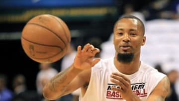 May 26, 2013; Indianapolis, IN, USA; Miami Heat power forward Rashard Lewis (9) warms up against the Indiana Pacers before game three of the Eastern Conference finals of the 2013 NBA Playoffs at Bankers Life Fieldhouse. Mandatory Credit: Pat Lovell-USA TODAY Sports