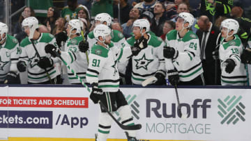 Nov 9, 2023; Columbus, Ohio, USA; Dallas Stars center Tyler Seguin (91) celebrates his goal against the Columbus Blue Jackets during the third period at Nationwide Arena. Mandatory Credit: Russell LaBounty-USA TODAY Sports