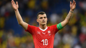 ROSTOV-ON-DON, RUSSIA - JUNE 17: Granit Xhaka of Switzerland shows appreciation to the fans after the 2018 FIFA World Cup Russia group E match between Brazil and Switzerland at Rostov Arena on June 17, 2018 in Rostov-on-Don, Russia. (Photo by Shaun Botterill/Getty Images)