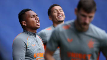 GLASGOW, SCOTLAND - AUGUST 12: Alfredo Morelos of Rangers FC warms up prior to the Ladbrokes Scottish Premiership match between Rangers and St. Johnstone at Ibrox Stadium on August 12, 2020 in Glasgow, Scotland. (Photo by Ian MacNicol/Getty Images)