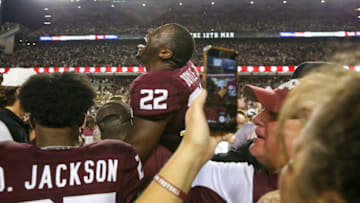 Oct 9, 2021; College Station, Texas, USA; Texas A&M Aggies and fans rush the field after beating the Alabama Crimson Tide on a last second field in the fourth quarter at Kyle Field. Mandatory Credit: Thomas Shea-USA TODAY Sports
