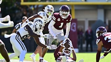 Oct 7, 2023; Starkville, Mississippi, USA; Mississippi State Bulldogs safety Shawn Preston Jr. (7) intercepts a tipped pass in the fourth quarter at Davis Wade Stadium at Scott Field. Mandatory Credit: Matt Bush-USA TODAY Sports