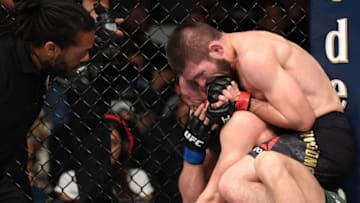 LAS VEGAS, NV - OCTOBER 06: Khabib Nurmagomedov of Russia submits Conor McGregor of Ireland in their UFC lightweight championship bout during the UFC 229 event inside T-Mobile Arena on October 6, 2018 in Las Vegas, Nevada. (Photo by Josh Hedges/Zuffa LLC/Zuffa LLC)