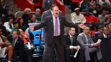 DETROIT, MI - MARCH 16: Head coach Tom Izzo of the Michigan State Spartans coaches during the second half against the Bucknell Bison in the first round of the 2018 NCAA Men's Basketball Tournament at Little Caesars Arena on March 16, 2018 in Detroit, Michigan. (Photo by Gregory Shamus/Getty Images)