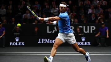 PRAGUE, CZECH REPUBLIC - SEPTEMBER 24: Rafael Nadal of Team Europe plays a forehand during his mens singles match against John Isner of Team World on the final day of the Laver cup on September 24, 2017 in Prague, Czech Republic. The Laver Cup consists of six European players competing against their counterparts from the rest of the World. Europe will be captained by Bjorn Borg and John McEnroe will captain the Rest of the World team. The event runs from 22-24 September. (Photo by Clive Brunskill/Getty Images for Laver Cup)