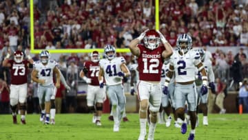 Sep 24, 2022; Norman, Oklahoma, USA; Oklahoma Sooners wide receiver Drake Stoops (12) reacts to being overthrown during the first half against the Kansas State Wildcats at Gaylord Family-Oklahoma Memorial Stadium. Mandatory Credit: Kevin Jairaj-USA TODAY Sports