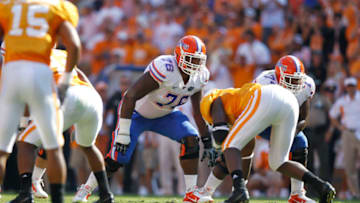 KNOXVILLE, TN - SEPTEMBER 18: Marcus Gilbert #76 of the Florida Gators blocks against the Tennessee Volunteers at Neyland Stadium on September 18, 2010 in Knoxville, Tennessee. Florida won 31-17. (Photo by Joe Robbins/Getty Images)