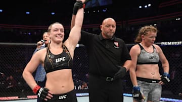LAS VEGAS, NV - OCTOBER 06: Aspen Ladd defeats Tonya Evinger in their women's bantamweight bout during the UFC 229 event inside T-Mobile Arena on October 6, 2018 in Las Vegas, Nevada. (Photo by Josh Hedges/Zuffa LLC/Zuffa LLC)